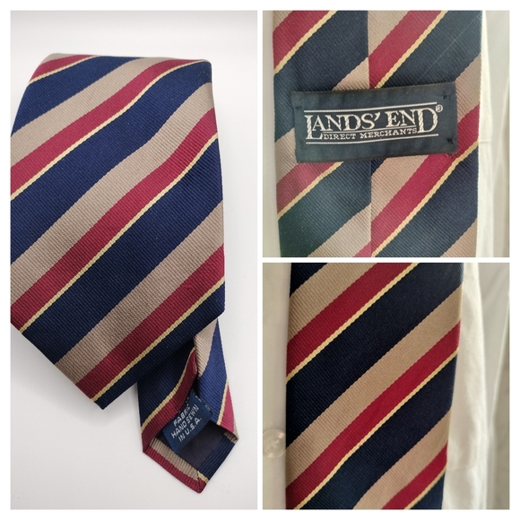 Lands' End Men's Striped Tie - Navy, Red, Tan Silk Necktie Handsewn Preppy Work - Picture 1 of 11